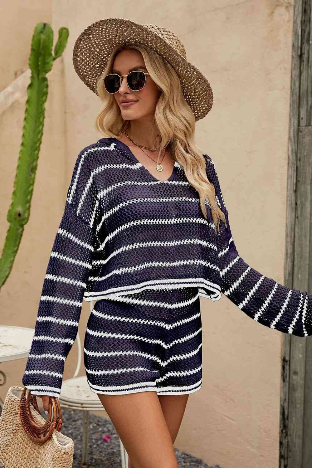 Striped Openwork - Knit Hoodie & Shorts Set (7501466599512)