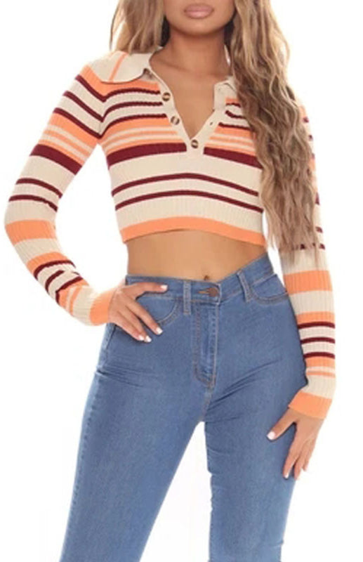 Polo-Collar Striped Top