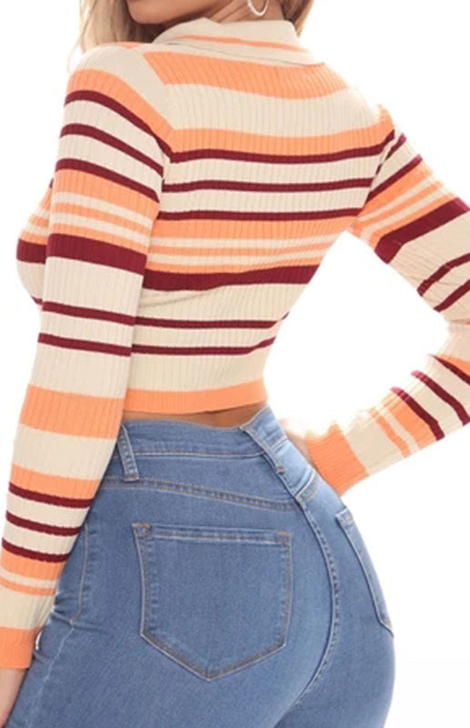Polo-Collar Striped Top