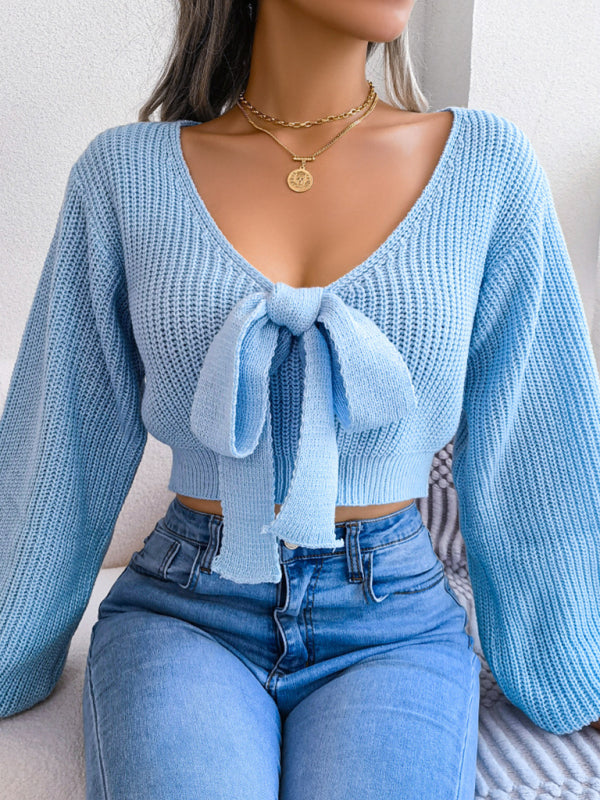 Bow V-Neck Lantern Sleeves Crop Sweater
