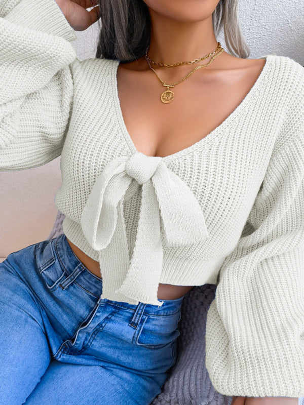 Bow V-Neck Lantern Sleeves Crop Sweater