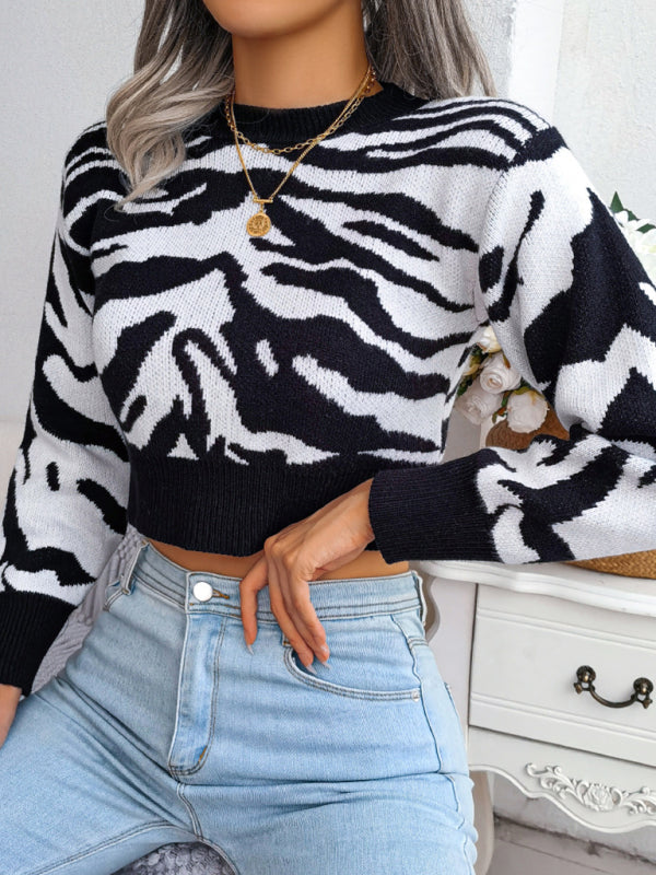 Tiger Print Long Sleeves Crop Knit Sweater