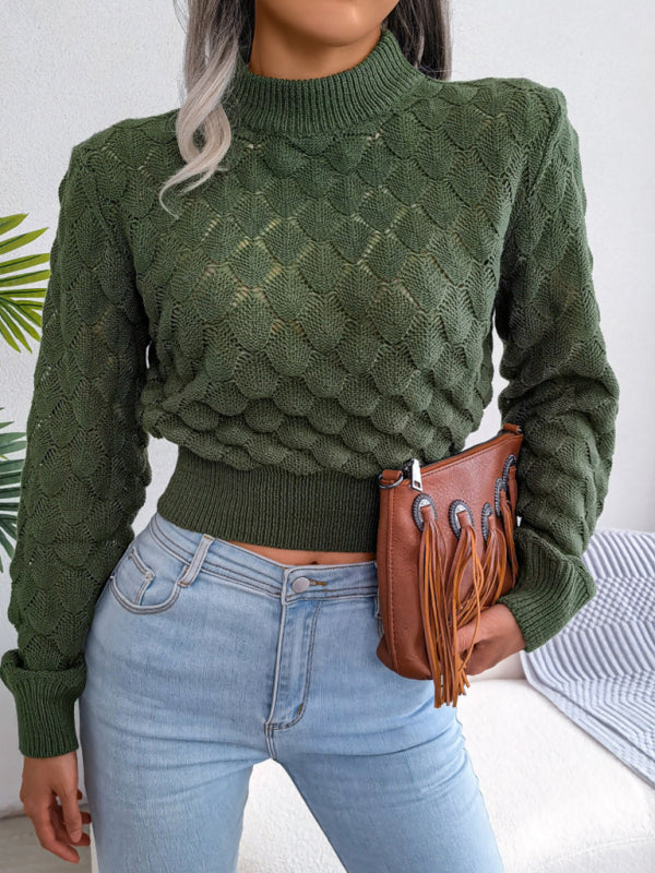 Diamond Crop Knit Cut-Out Long Sleeves Sweater