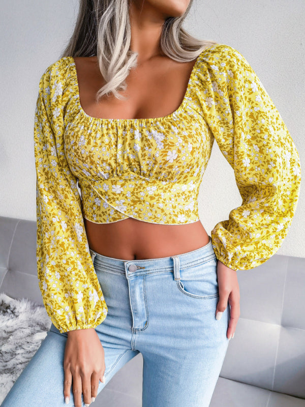 Lantern Sleeves Bowknot Floral Chiffon Crop-Top