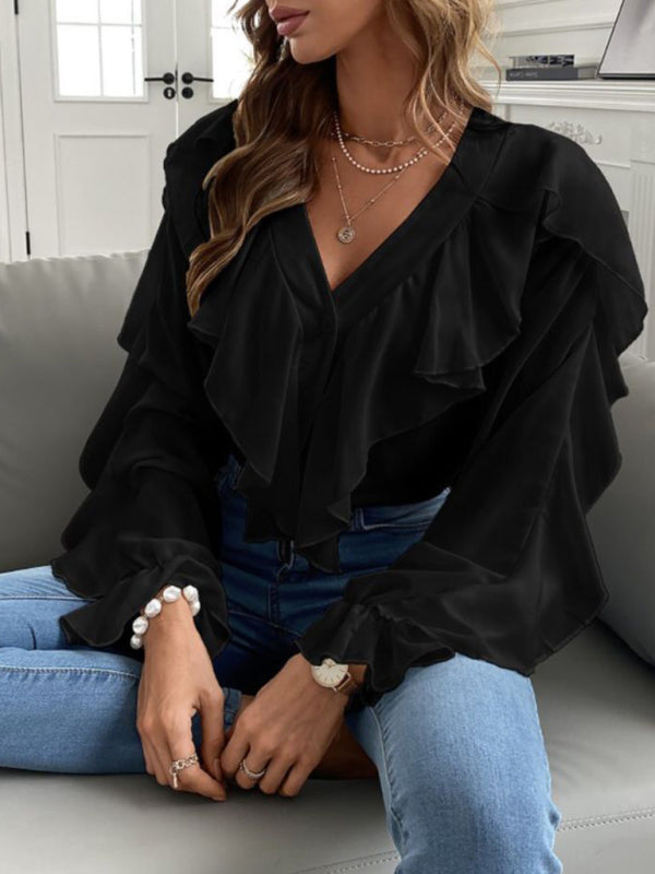 V-Neck Ruffle Top Long Sleeves - Blouse