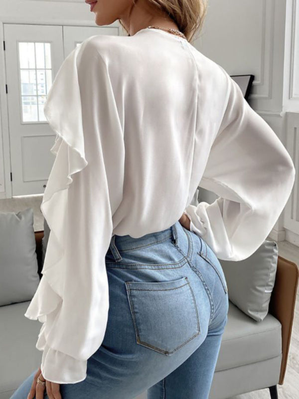 V-Neck Ruffle Top Long Sleeves - Blouse