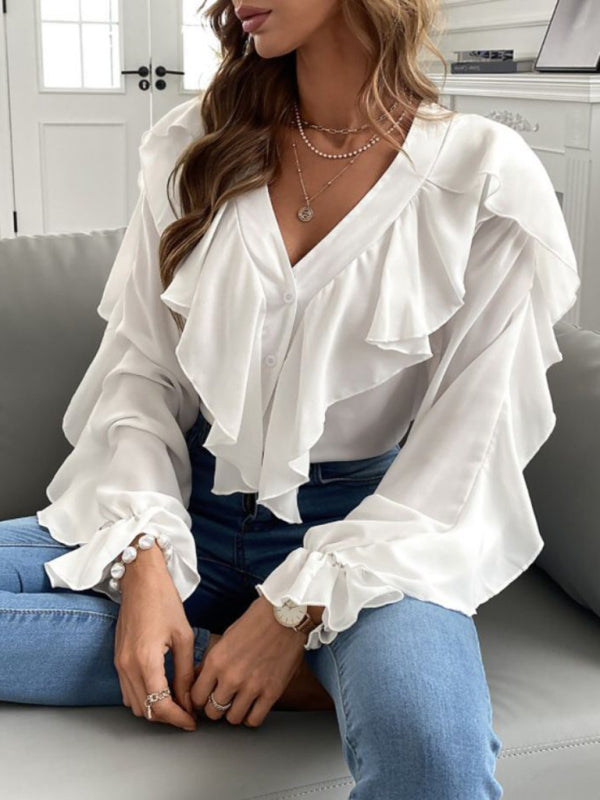 V-Neck Ruffle Top Long Sleeves - Blouse