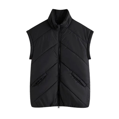 Collared Sleeveless Cotton-Padded Vest Jacket