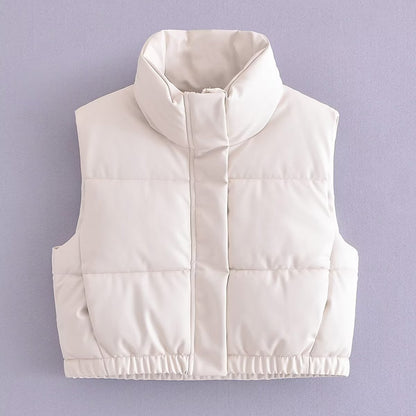 Stand-Collar Faux Leather Cotton Vest Jacket