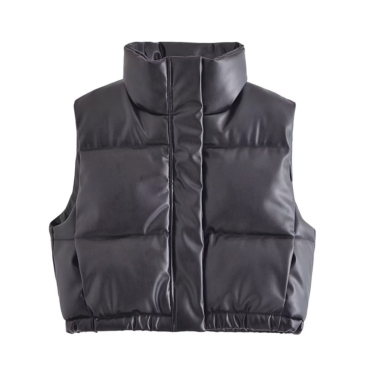 Stand-Collar Faux Leather Cotton Vest Jacket