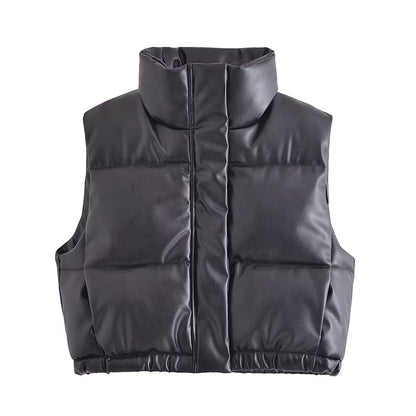 Stand-Collar Faux Leather Cotton Vest Jacket
