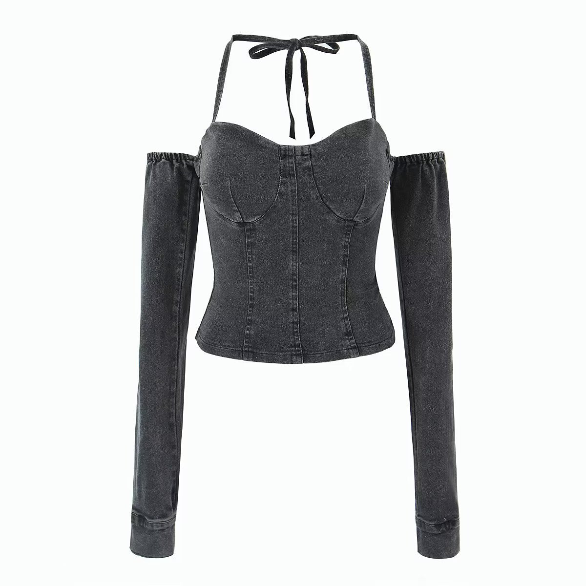Off-The-Shoulder Tube Top Halter Lace-Up Line Long Sleeves Corset Style Slim-Fit Denim Top (7518483808344)