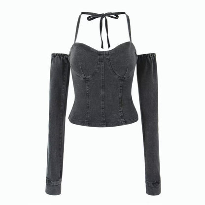 Off-The-Shoulder Tube Top Halter Lace-Up Line Long Sleeves Corset Style Slim-Fit Denim Top (7518483808344)