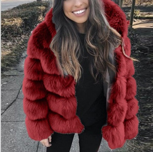 Faux Fox Fur Hooded Mid-Length Slim-Fit Coat