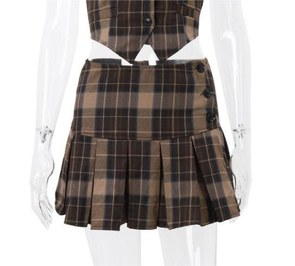 Retro Plaid & Pleated Vest Top & Skirt Set (7524302717016)