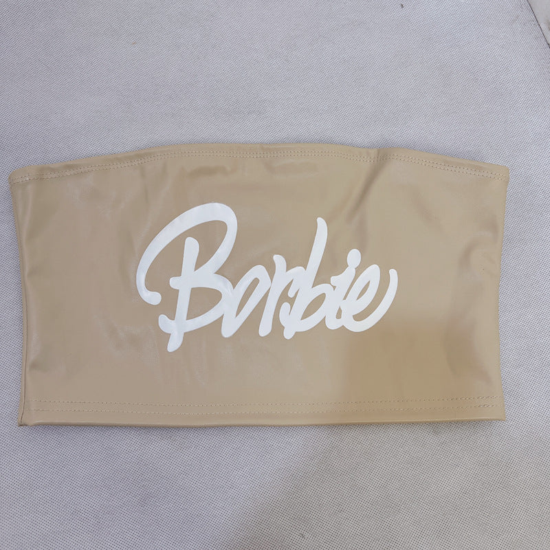 Borbie Barbie Faux Leather Printed Off-Shoulders Bandeau Top (7517938155608)