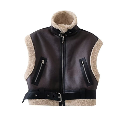 Double-Sided Faux Shearling Stand-Collar Vest Jacket