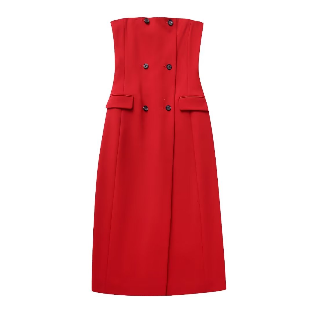 French Dress - Solid Color Pocket Decorations Tube Top Dress (7516661940312)