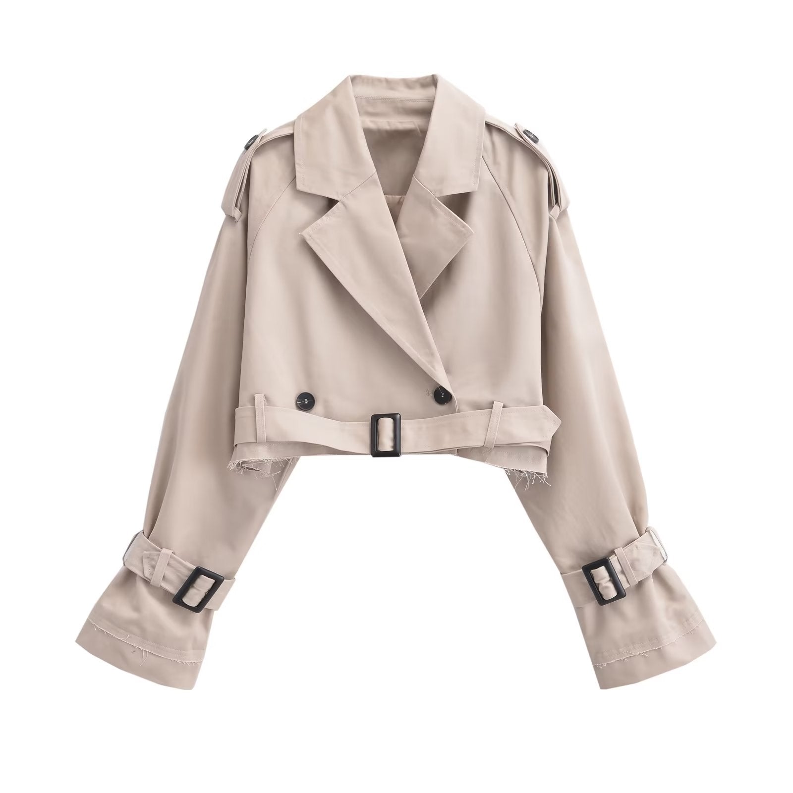 Summer Casual All Matching Turn-down Collar Long Sleeve Loose Buckle Short Trench Coat Women (7524905680984)
