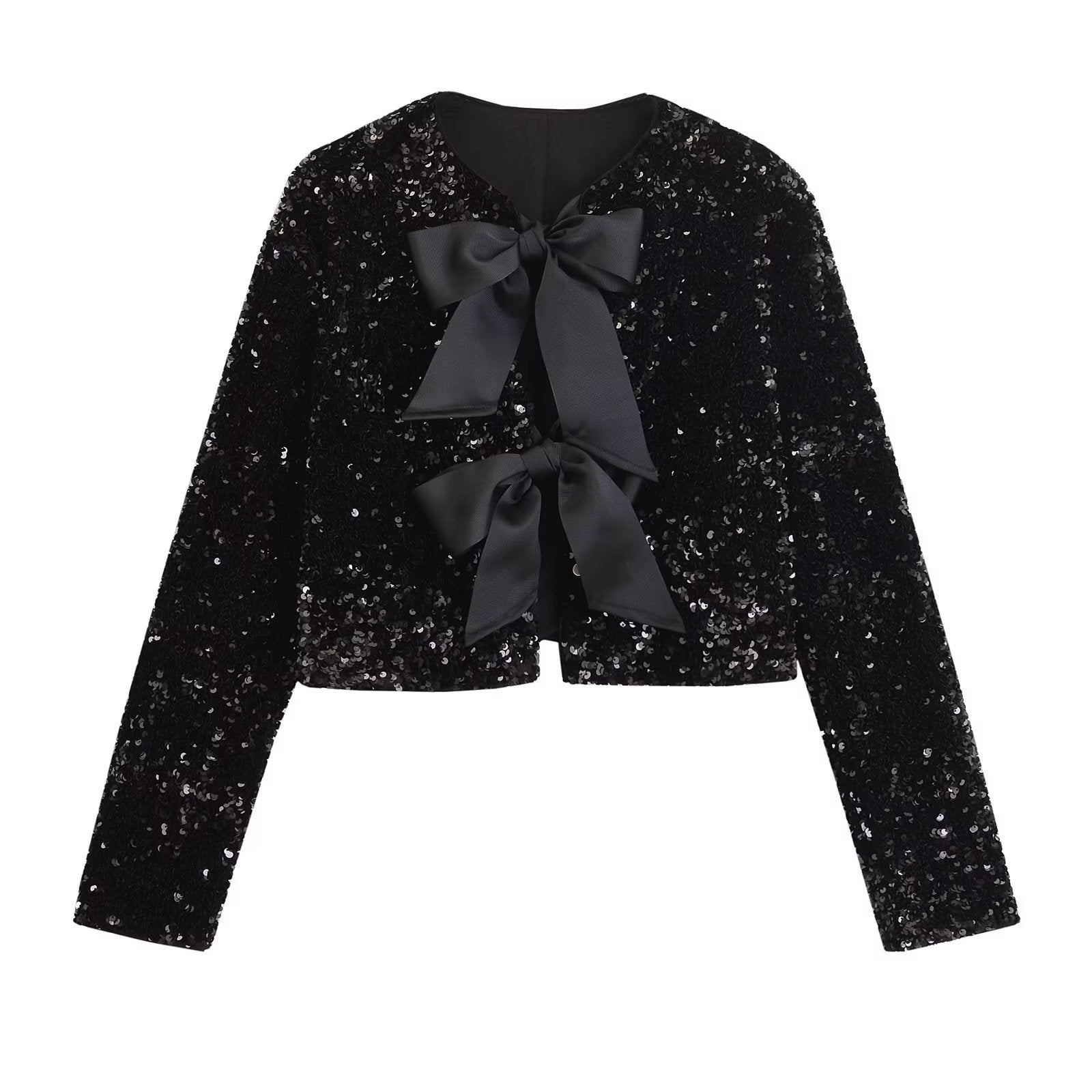 Winter Women Clothing Fashionable All Match Bowknot Decoration Sequined Short Coat (7525012963416)