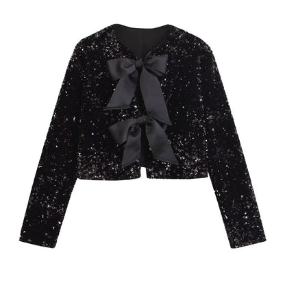 Winter Women Clothing Fashionable All Match Bowknot Decoration Sequined Short Coat (7525012963416)