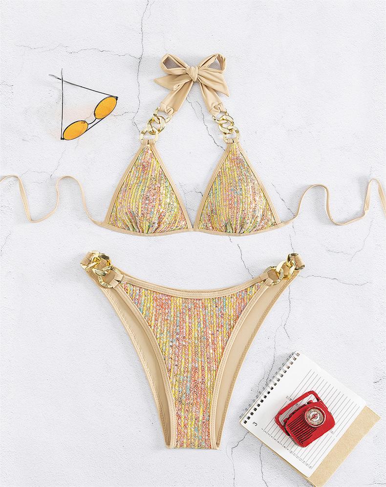 Sequined Lace-Up Chain - Gold Bikini Swimset (7516561997912)
