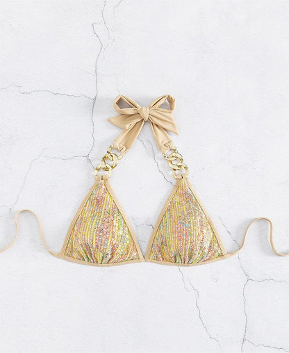 Sequined Lace-Up Chain - Gold Bikini Swimset (7516561997912)