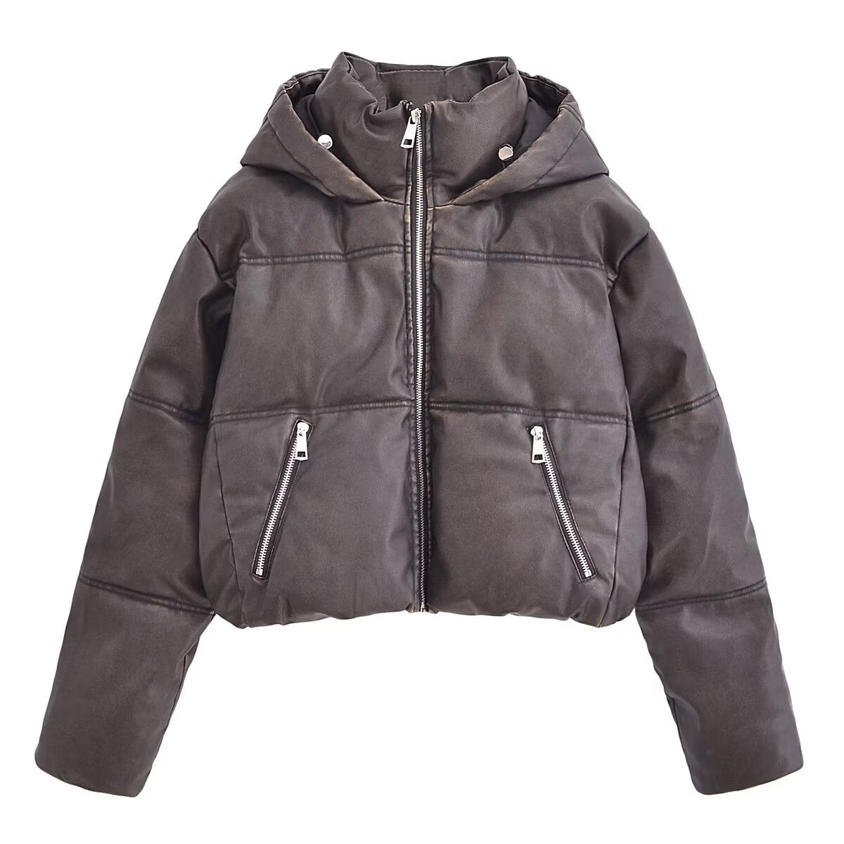 So Faux - Distressed Thickened Faux Leather Hooded Jacket With Collar Short Jacket (7516615344216)