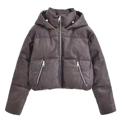 So Faux - Distressed Thickened Faux Leather Hooded Jacket With Collar Short Jacket (7516615344216)