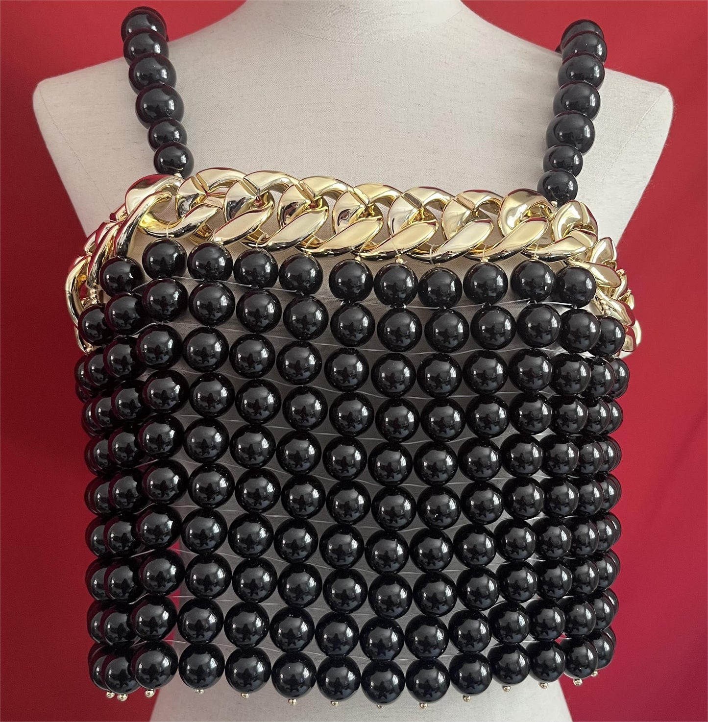 Metal Chain & Big Pearls Vest Crop-Top