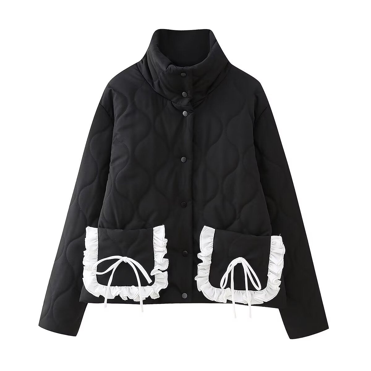 Spring Women Clothing Bowknot Pocket Decoration Stand up Collar Cotton Padded Coat (7525013618776)