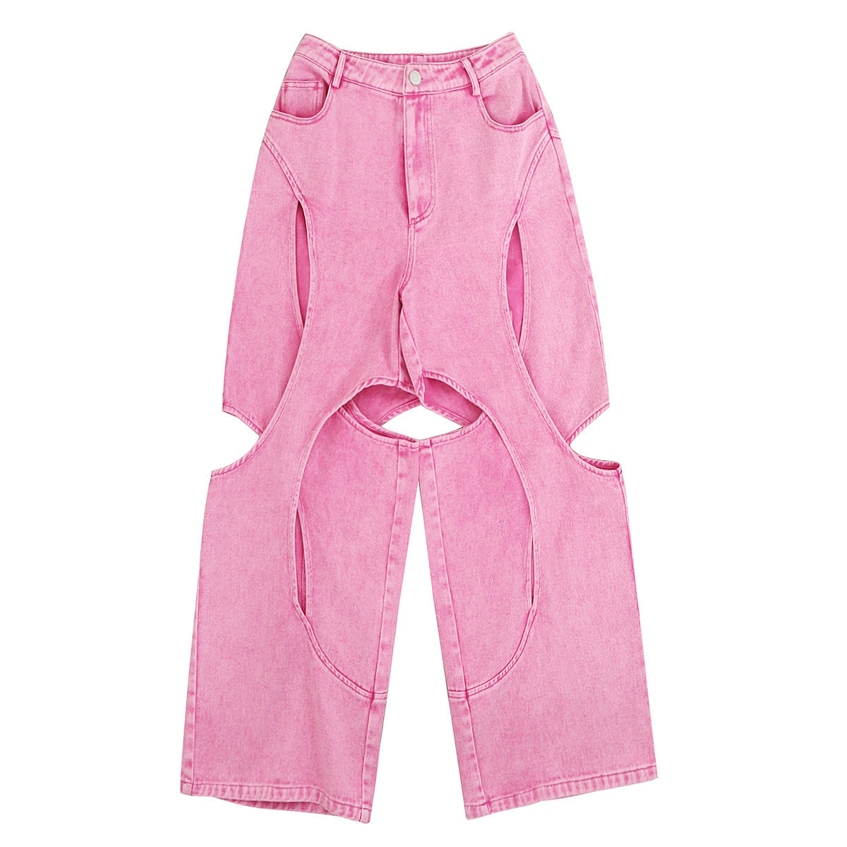 Hollow-Out Cut-Out Asymmetrical Barbie Pink Denim Jeans