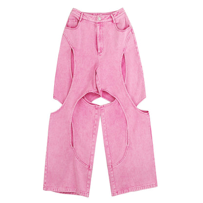 Hollow-Out Cut-Out Asymmetrical Barbie Pink Denim Jeans