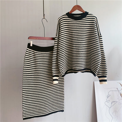 Retro Striped Knitted Skirt & Sweater Two-Piece Set