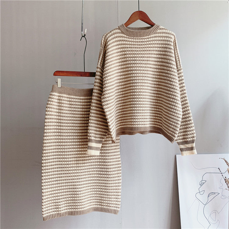 Retro Striped Knitted Skirt & Sweater Two-Piece Set