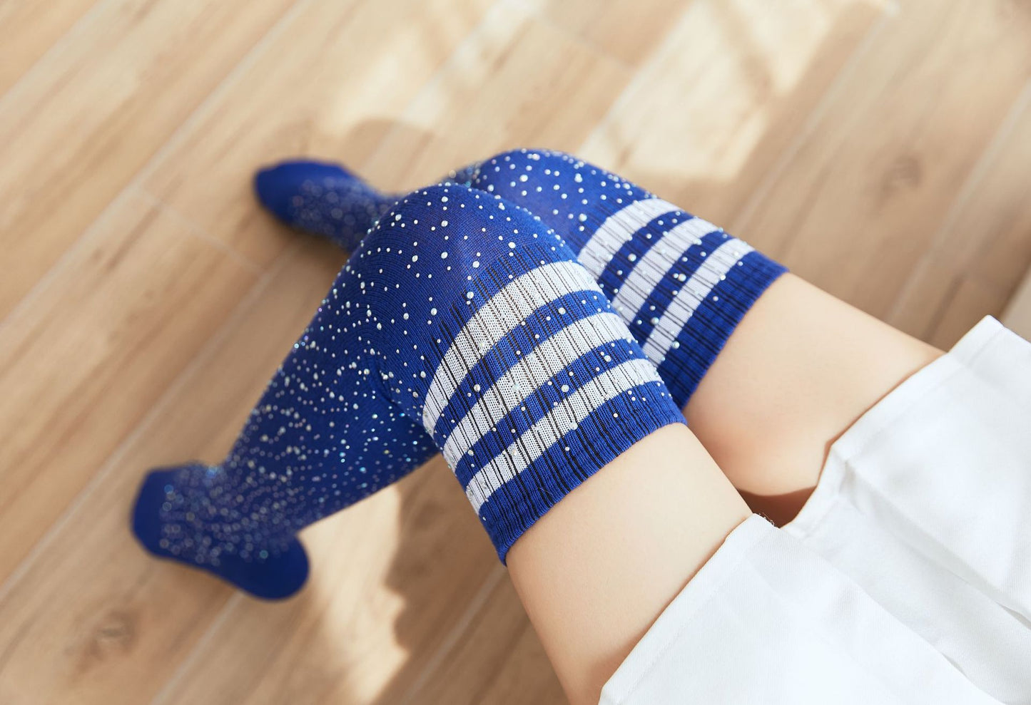 Rhinestone Knee Striped - High-Top Socks (7517779361880)