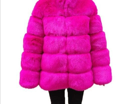 Faux Fox Fur Hooded Mid-Length Slim-Fit Coat