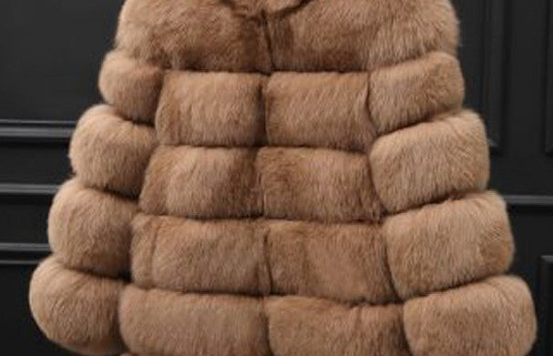 Faux Fox Fur Hooded Mid-Length Slim-Fit Coat