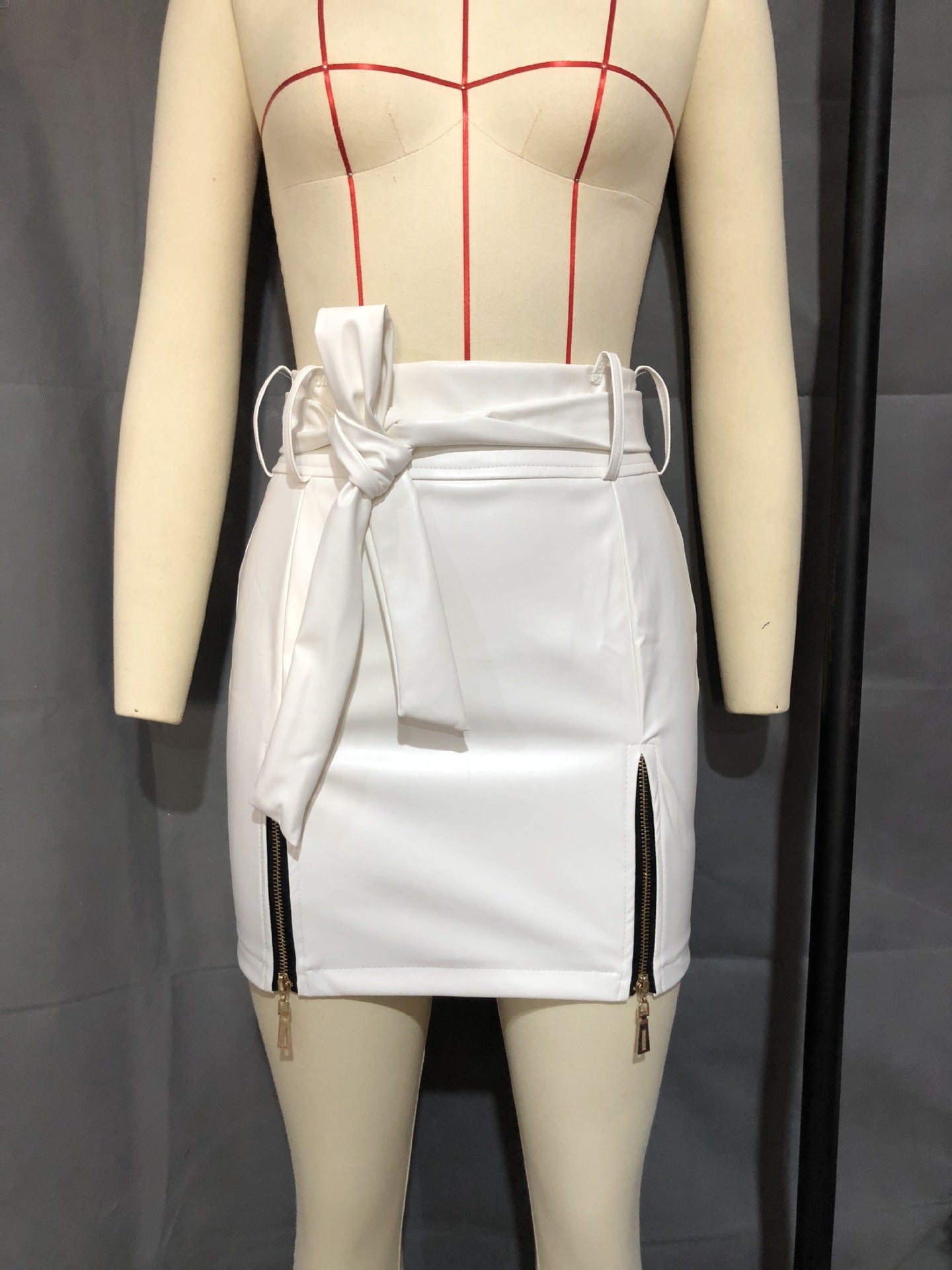 Faux-Leather Zipper Lace-Up High Waist Sheath Skirt