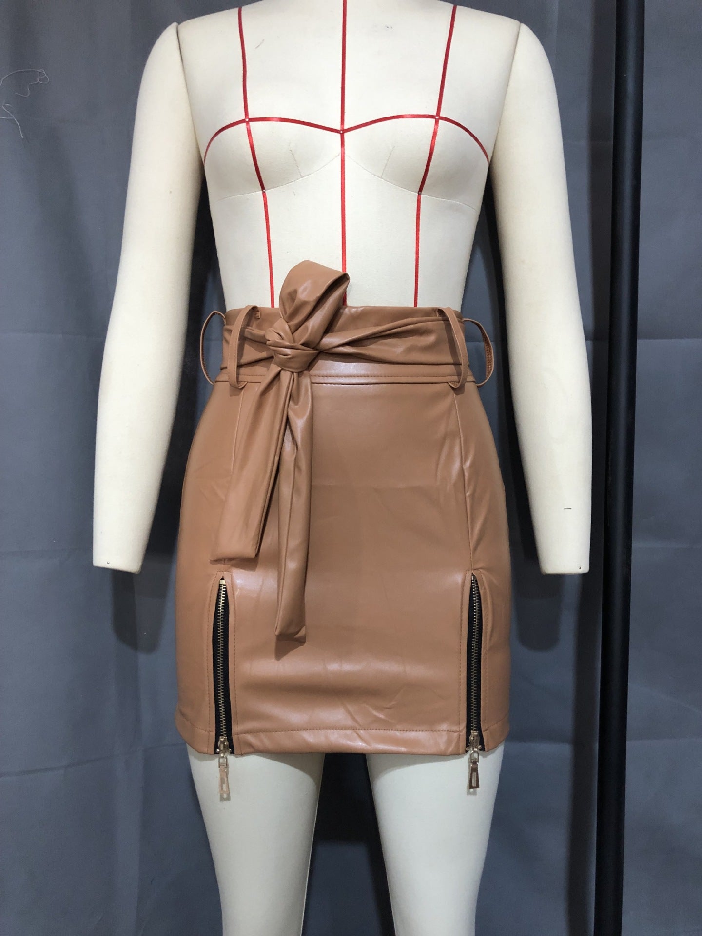 Faux-Leather Zipper Lace-Up High Waist Sheath Skirt