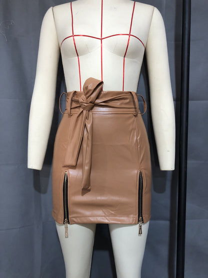 Faux-Leather Zipper Lace-Up High Waist Sheath Skirt