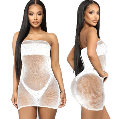 Starry Rhine - Chest-Wrapped Rhinestone Fishnet Lingerie Dress (7517838442584)
