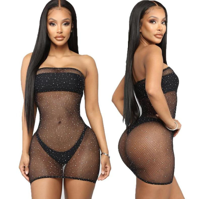 Starry Rhine - Chest-Wrapped Rhinestone Fishnet Lingerie Dress (7517838442584)