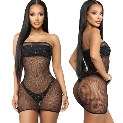 Starry Rhine - Chest-Wrapped Rhinestone Fishnet Lingerie Dress (7517838442584)