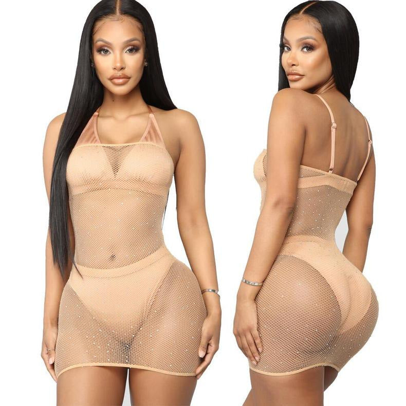Starry Rhine - Chest-Wrapped Rhinestone Fishnet Lingerie Dress (7517838442584)