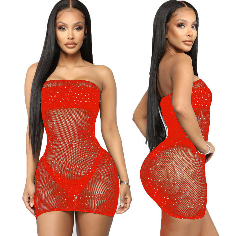 Starry Rhine - Chest-Wrapped Rhinestone Fishnet Lingerie Dress (7517838442584)