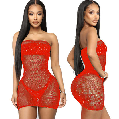Starry Rhine - Chest-Wrapped Rhinestone Fishnet Lingerie Dress (7517838442584)