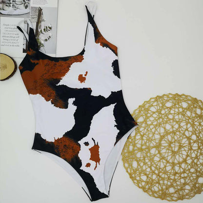 One-Piece Cow-Print Bikini Style Swimsuit (7516540600408)