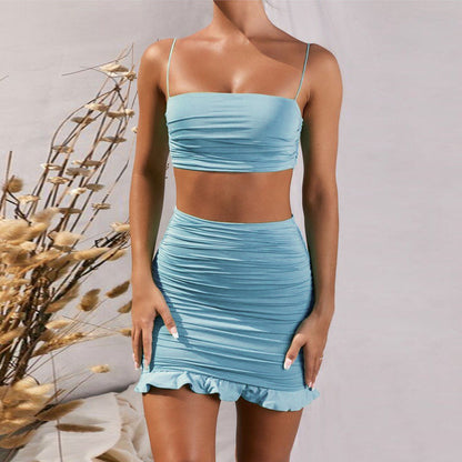 Pleated Flounce Peplum Hip-Wrapped Two-Piece Set