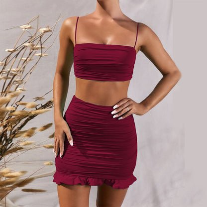 Pleated Flounce Peplum Hip-Wrapped Two-Piece Set